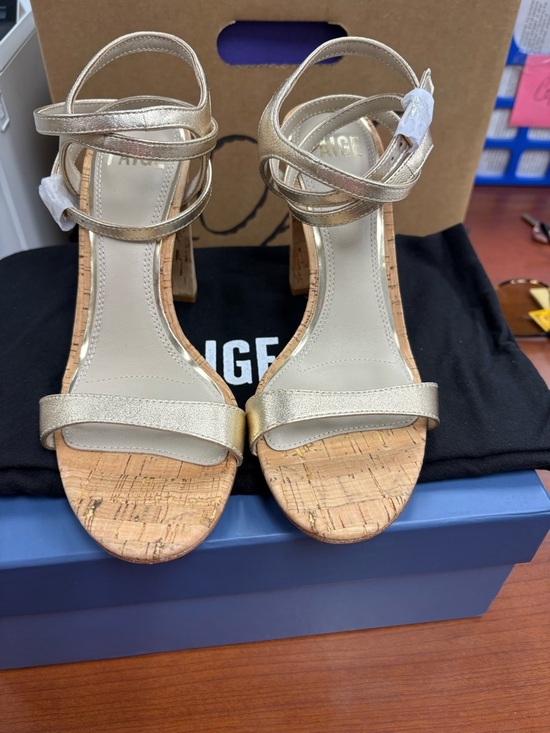PAIGE Light Gold Leather Strappy Block Heel Sandals Ankle Strap Buckle 6.5